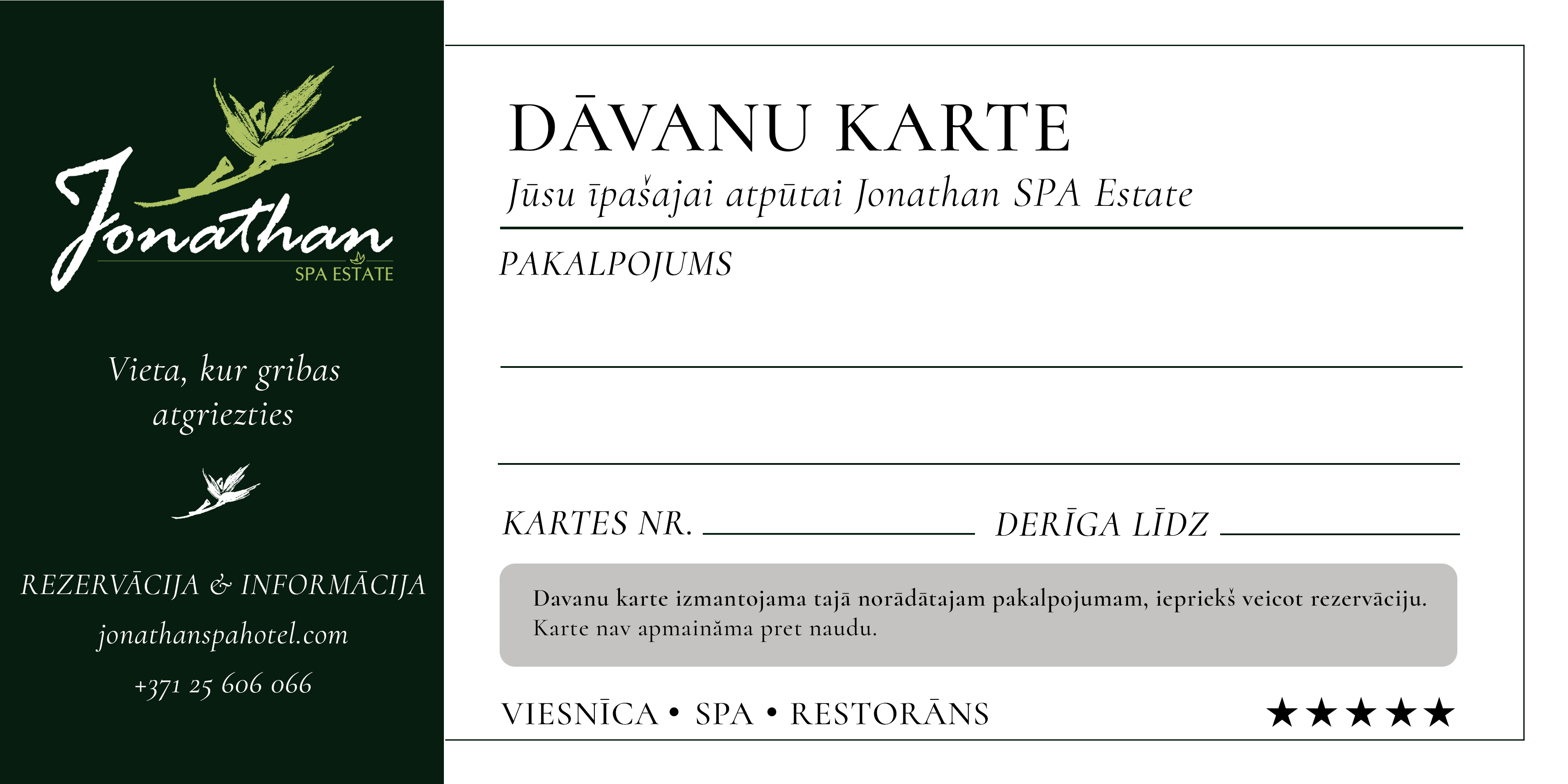 Jonathan SPA Estate dāvanu kartes otra puse
